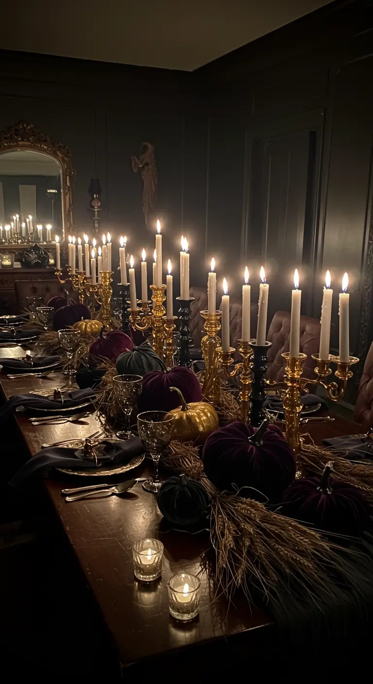 Dark, moody dining table lit by dozens of candles, with dark velvet pumpkins.