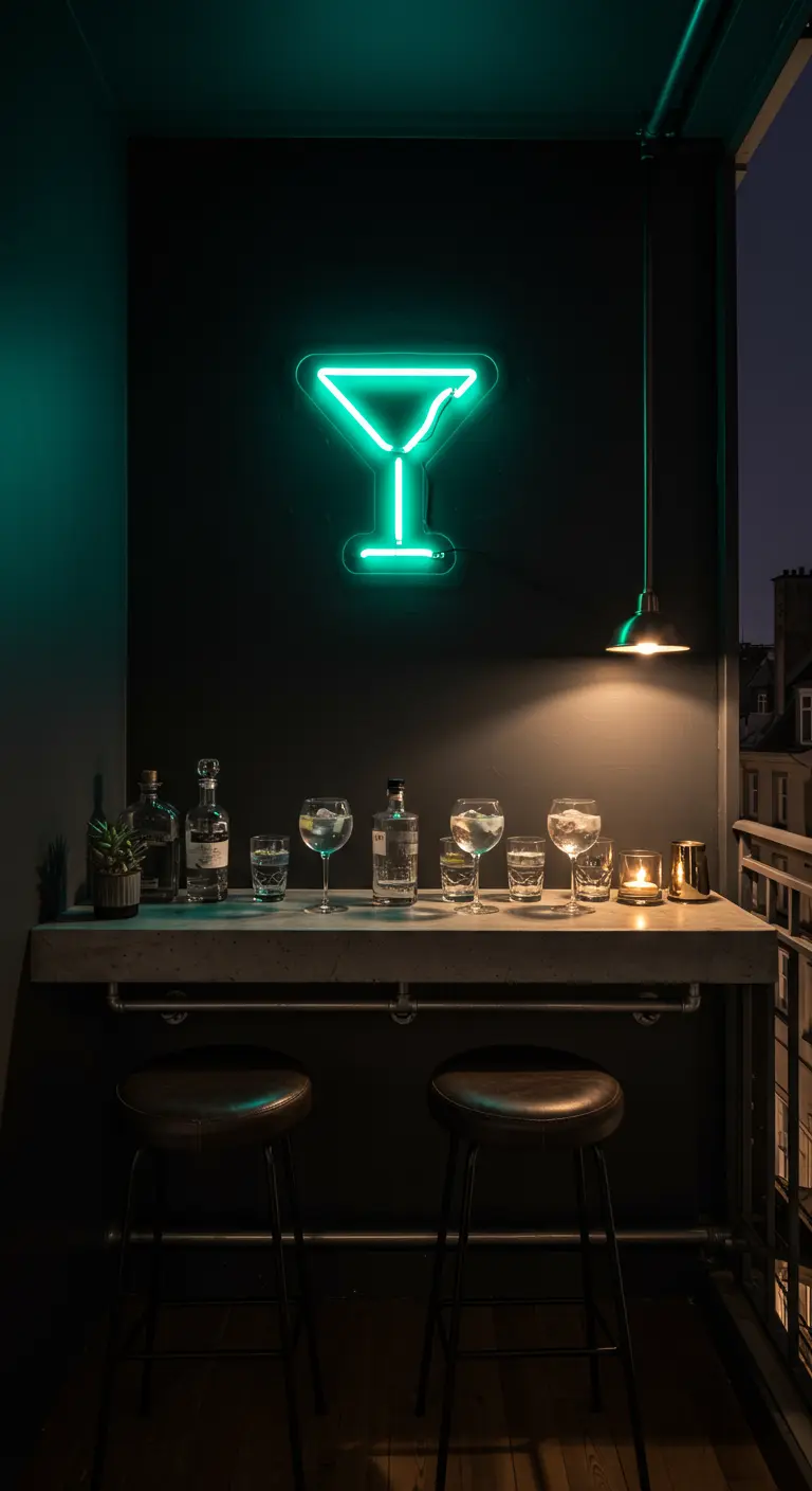 Dark balcony bar with a green neon martini glass sign and spotlight illumination.