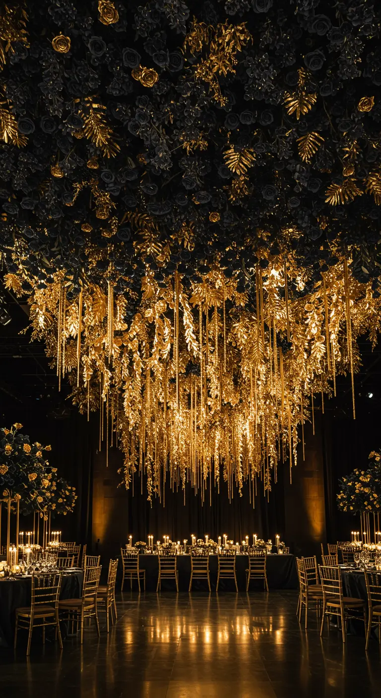 A dark ceiling with black flowers and a dramatic cascade of gold foliage and strands.