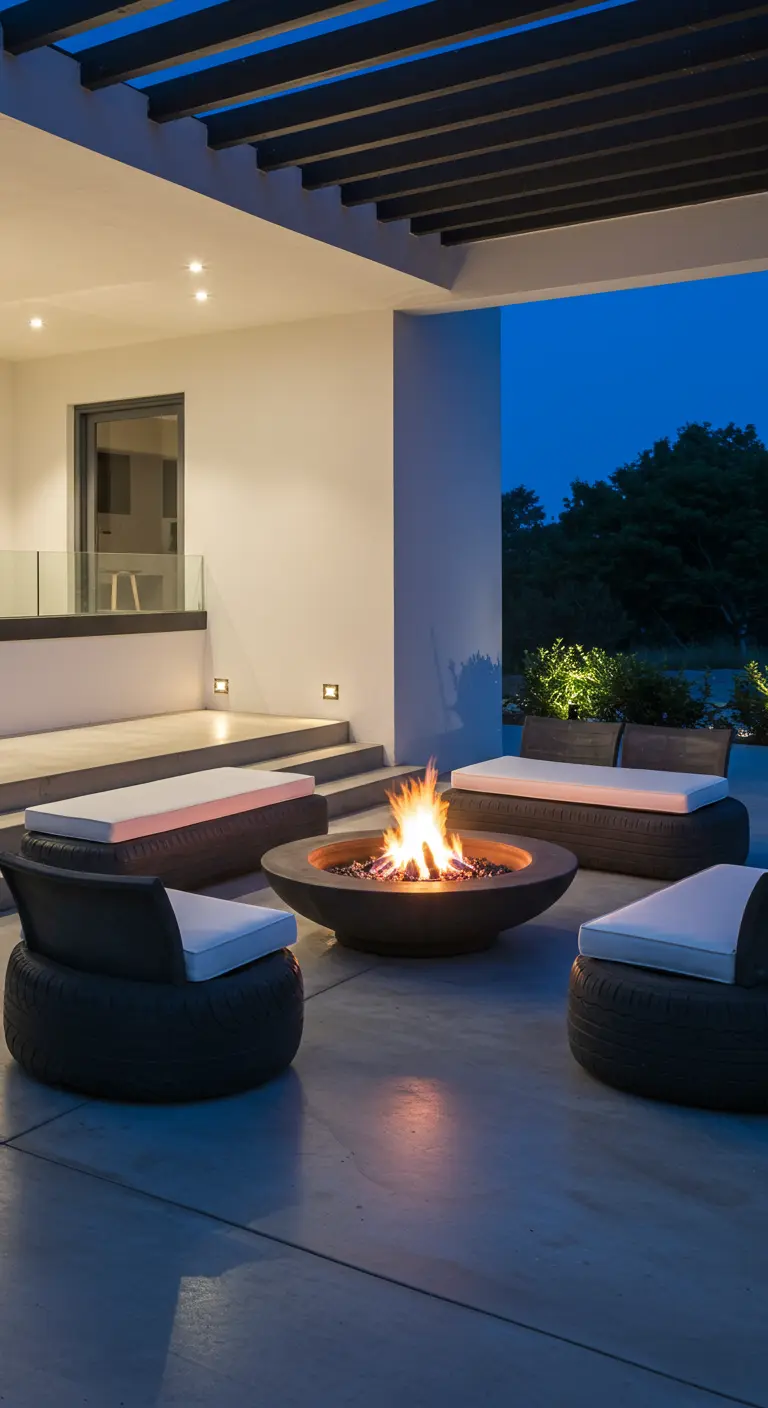 Modern patio at night with a fire pit surrounded by black tire seats with white cushions.