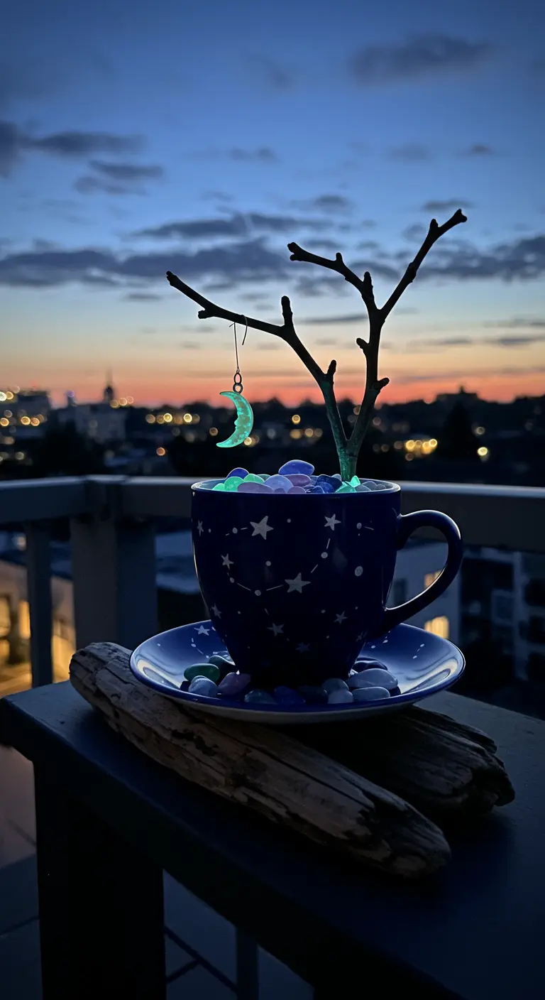 A dark blue teacup with a twig tree from which a glowing moon charm hangs at dusk.