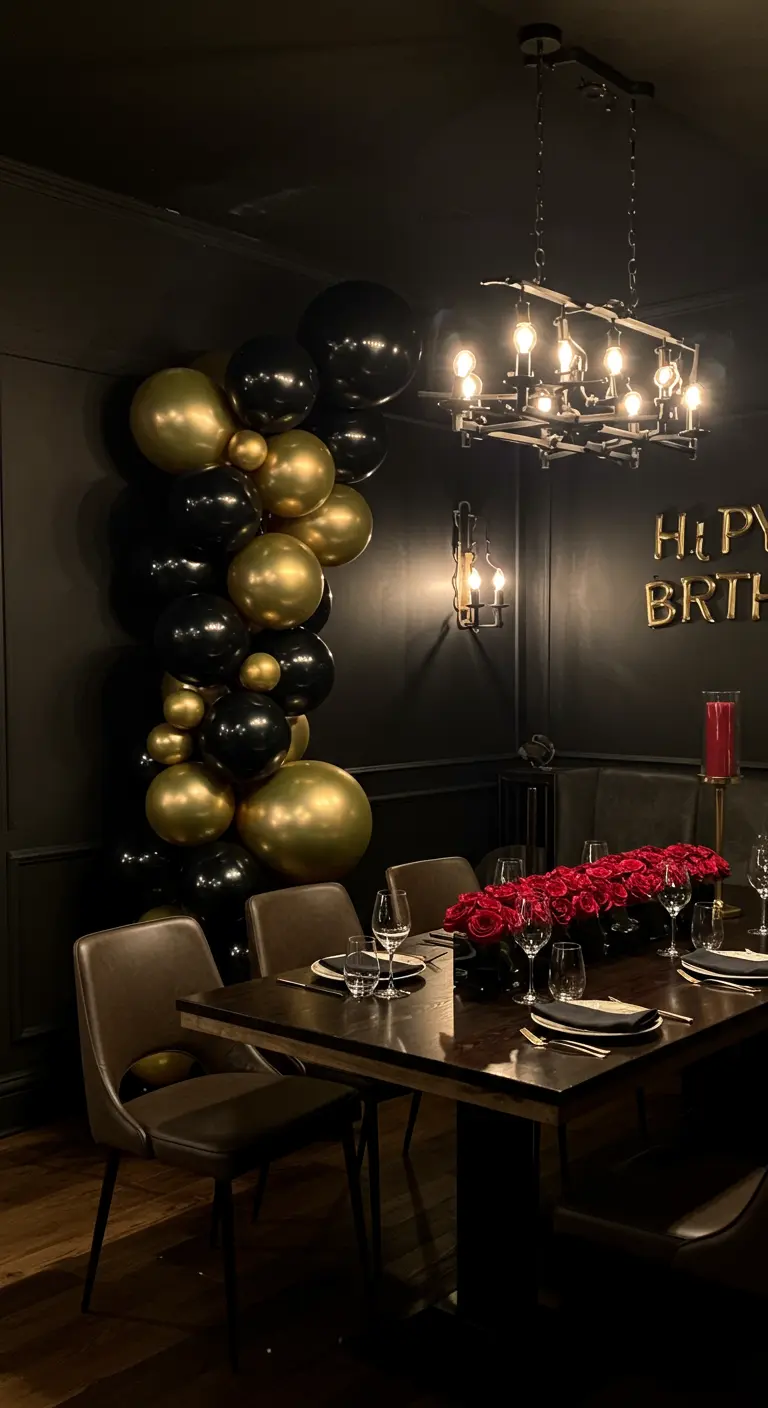 Black and gold balloons in a dark, moody dining room with red roses on the table.