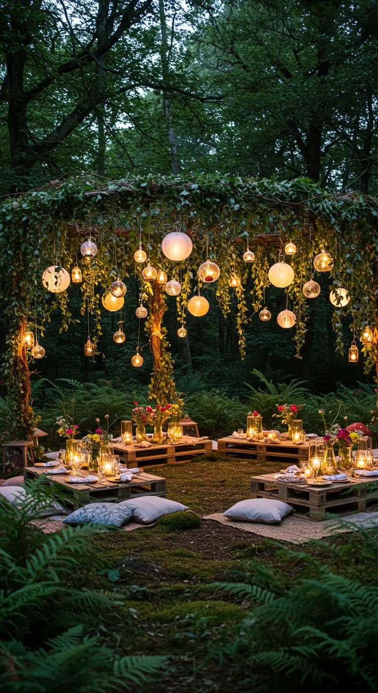 An enchanting forest picnic at night with hanging lanterns, pallet tables, and floor cushions.