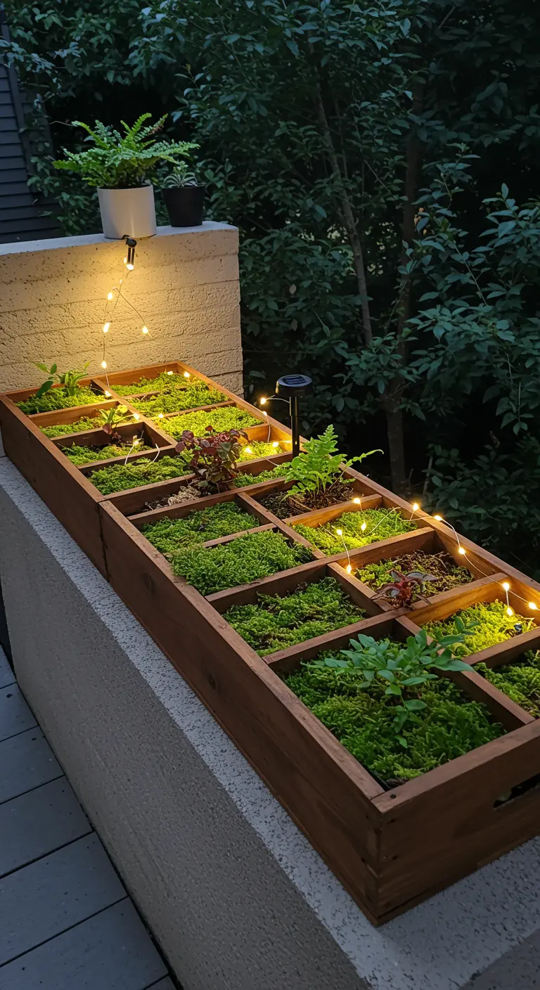 A long, divided wooden planter on a balcony rail, filled with various types of moss and small plants, lit by fairy lights.