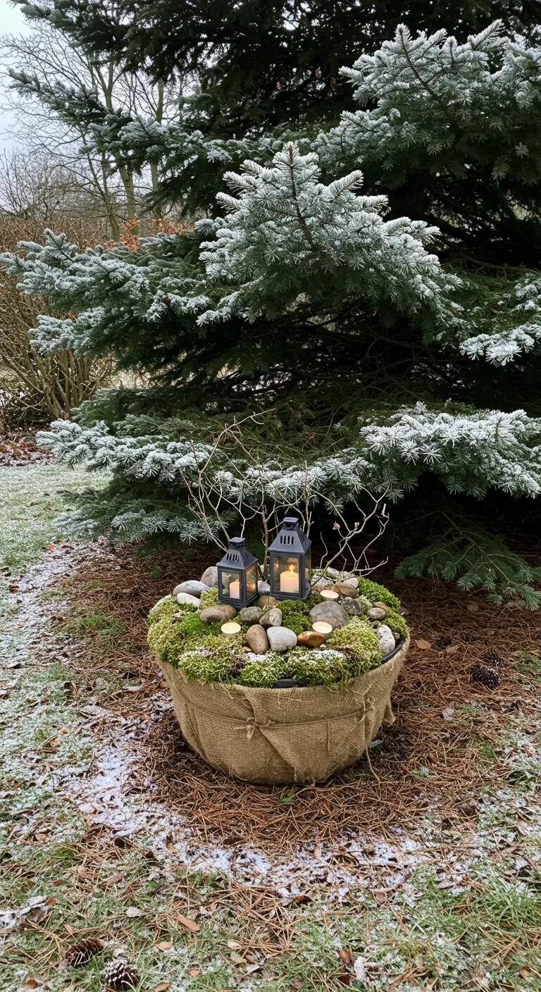 A burlap-wrapped bowl filled with moss, stones, and tiny glowing lanterns.