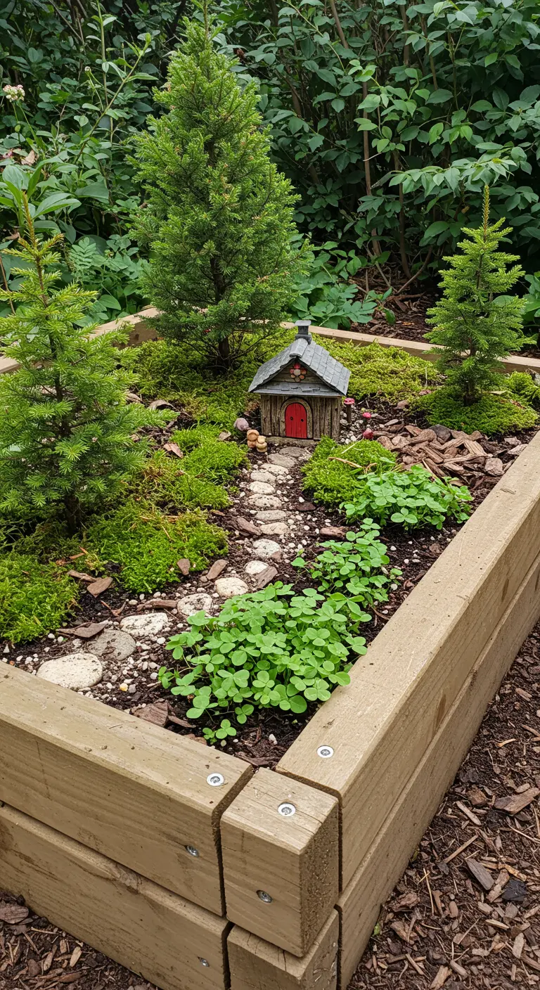 A miniature fairy garden in a raised bed with a tiny house, path, and small trees.