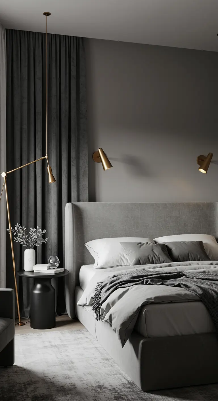 Minimalist gray bedroom with a sculptural gold floor lamp arcing over the bedside table.
