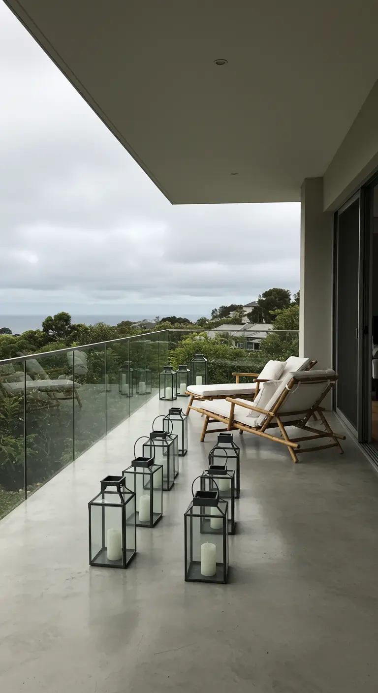 A modern balcony with bamboo loungers and a row of black-framed lanterns on the floor.