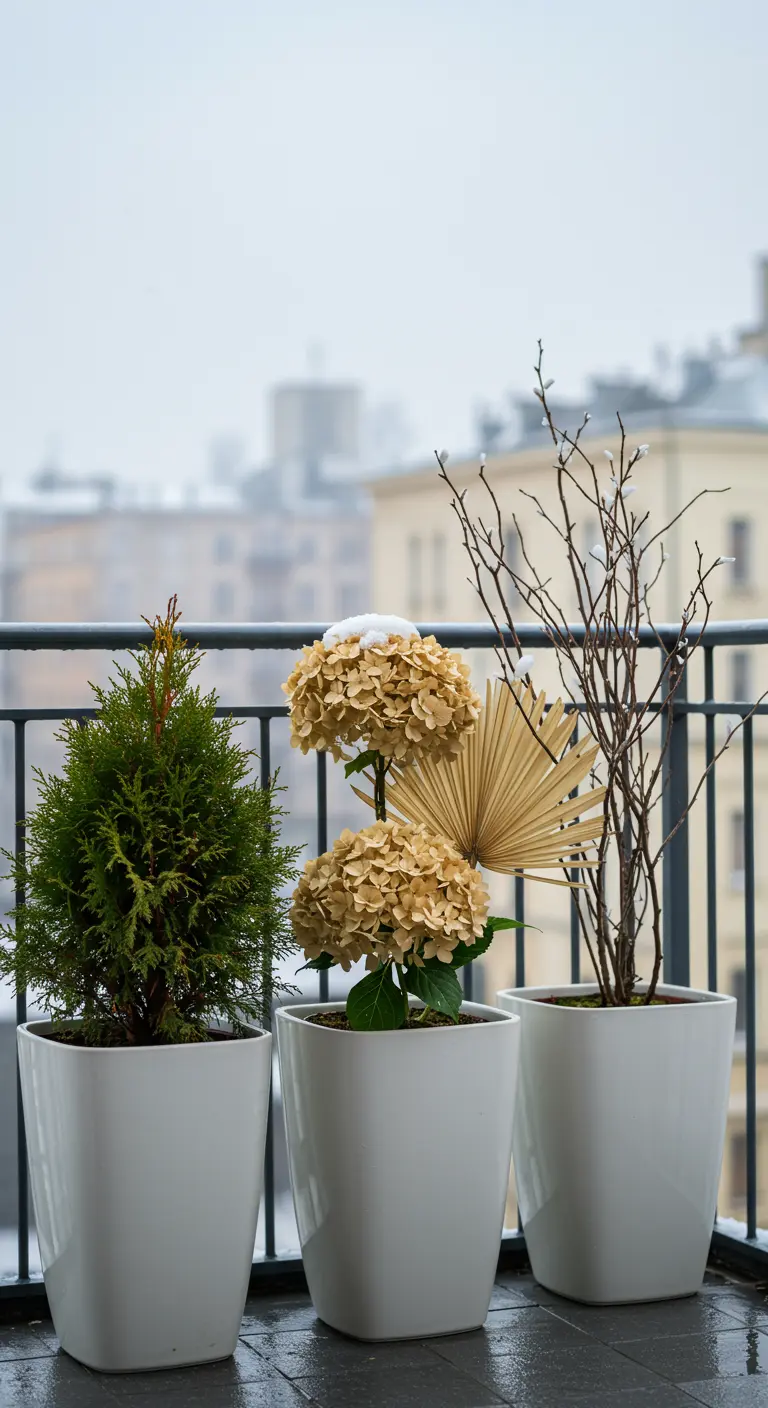 Three modern white pots on a city balcony with an evergreen, hydrangeas, and branches.