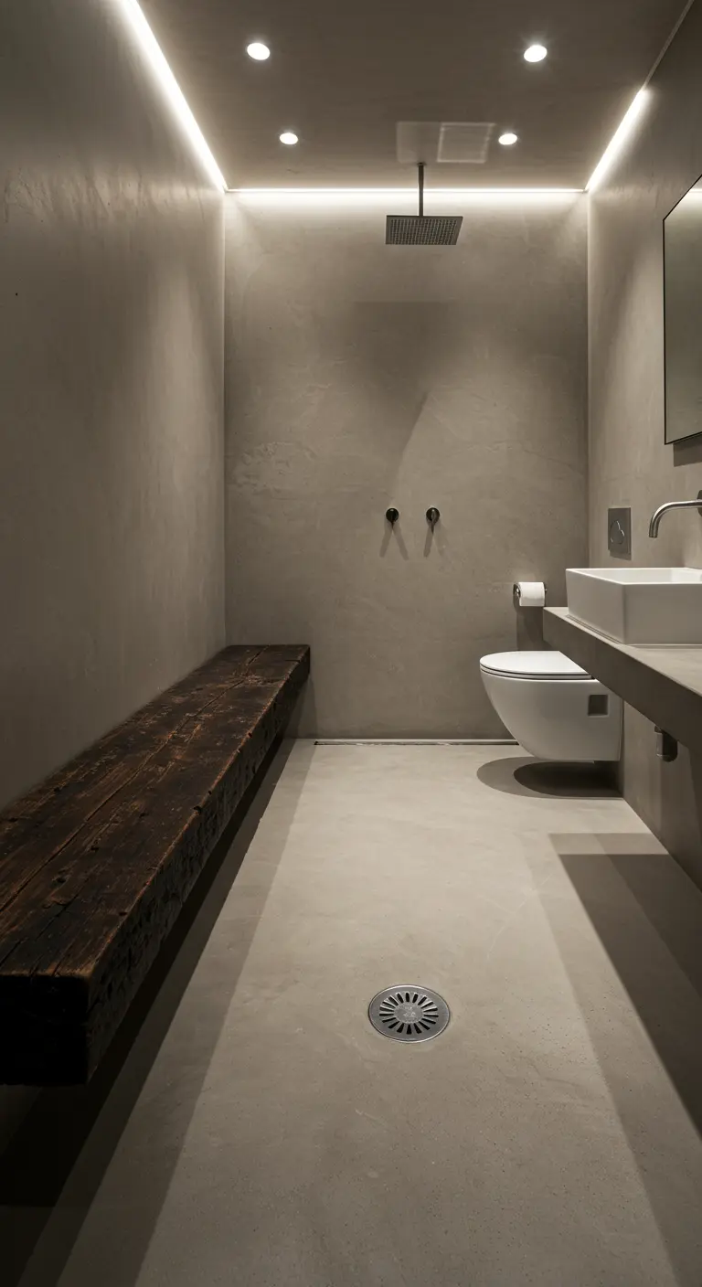 Minimalist concrete wet room with a floating bench made from a thick reclaimed wood beam.