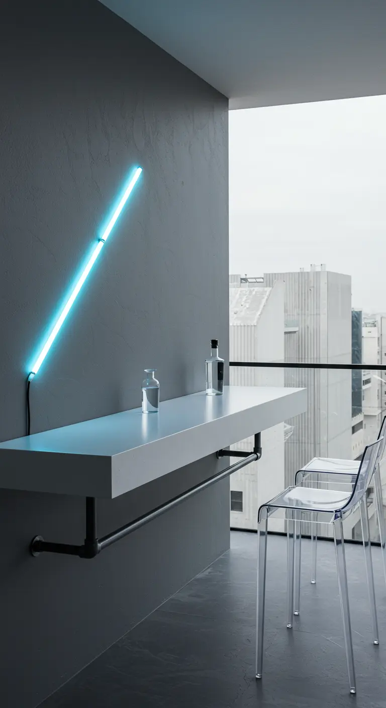 A minimalist white concrete floating bar shelf with a diagonal blue neon tube light.