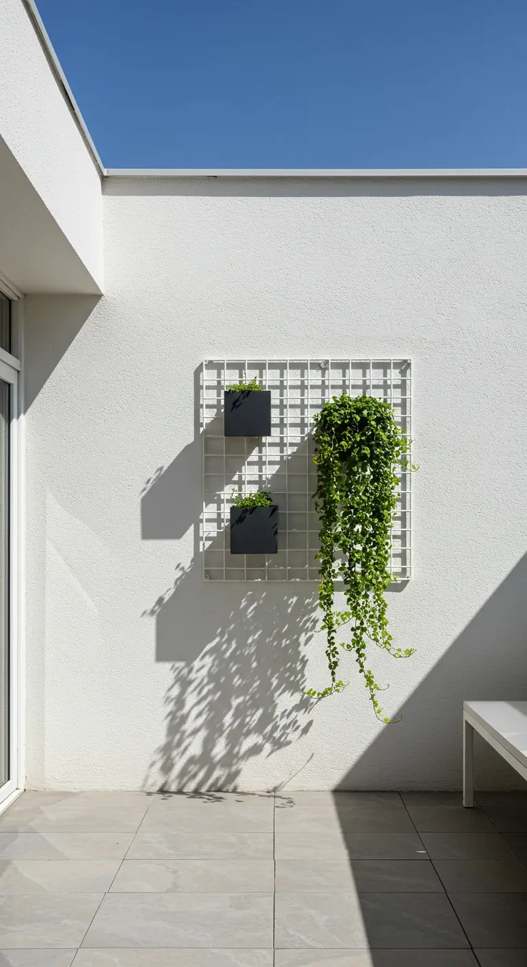 White wall with a white grid panel holding two black planters and a cascading plant.