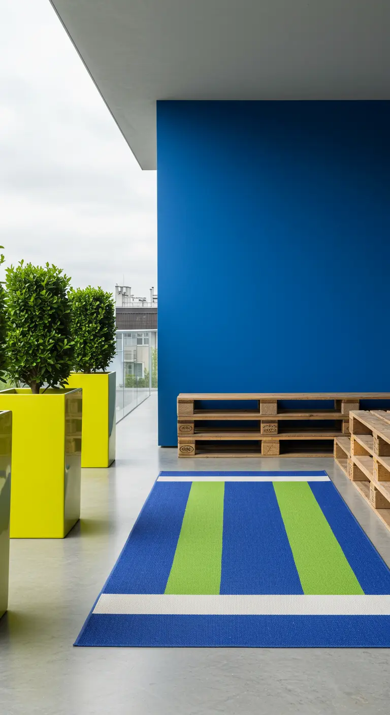 Minimalist balcony with a bold blue wall, chartreuse planters, and a blue and green striped rug.