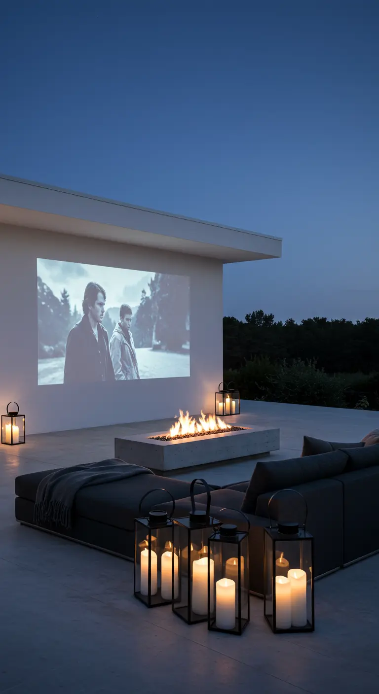 A modern patio with a linear fire pit, a dark sofa, and black lanterns for an outdoor movie night.