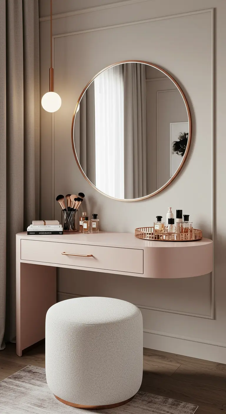 Pink floating vanity table with a round rose gold mirror and a white bouclé stool.