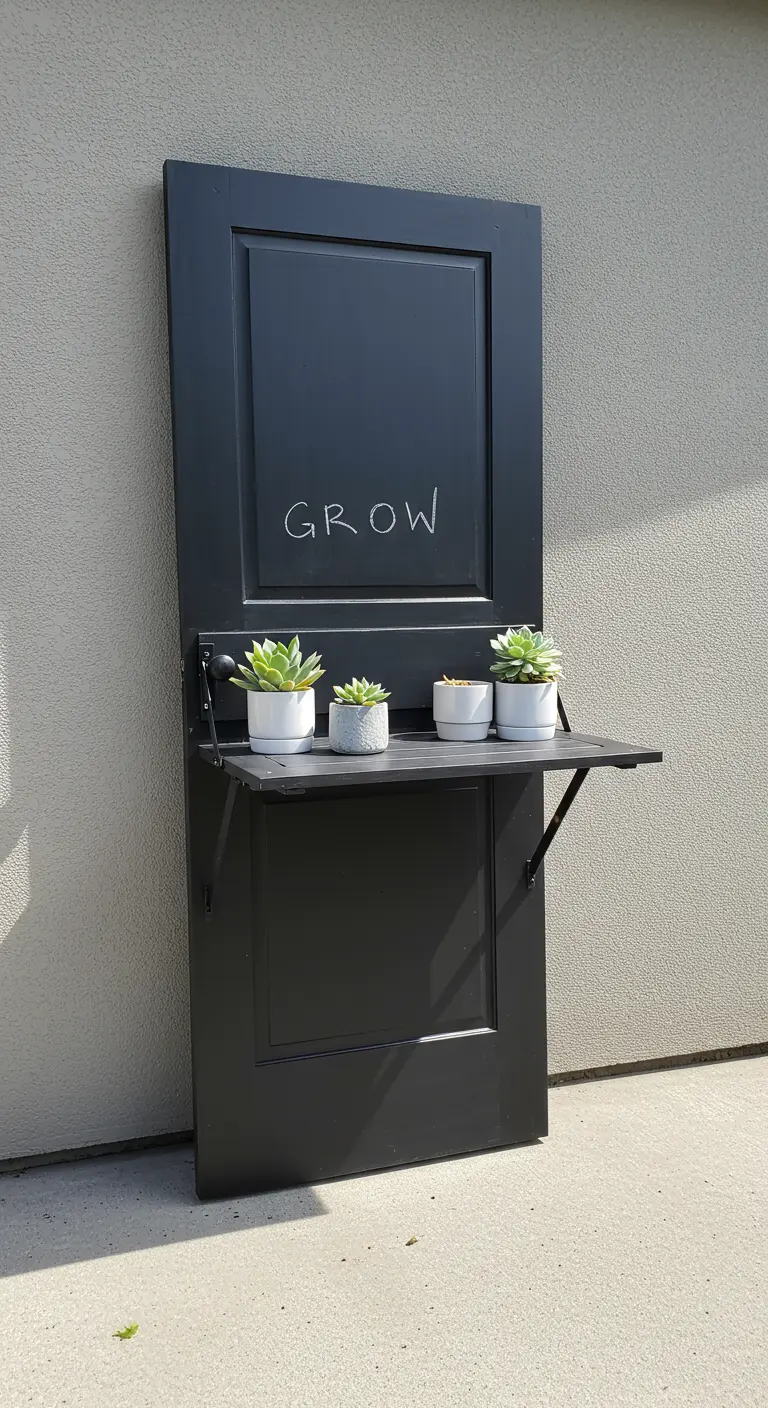 A matte black door with a small, foldable shelf holding four succulent pots.