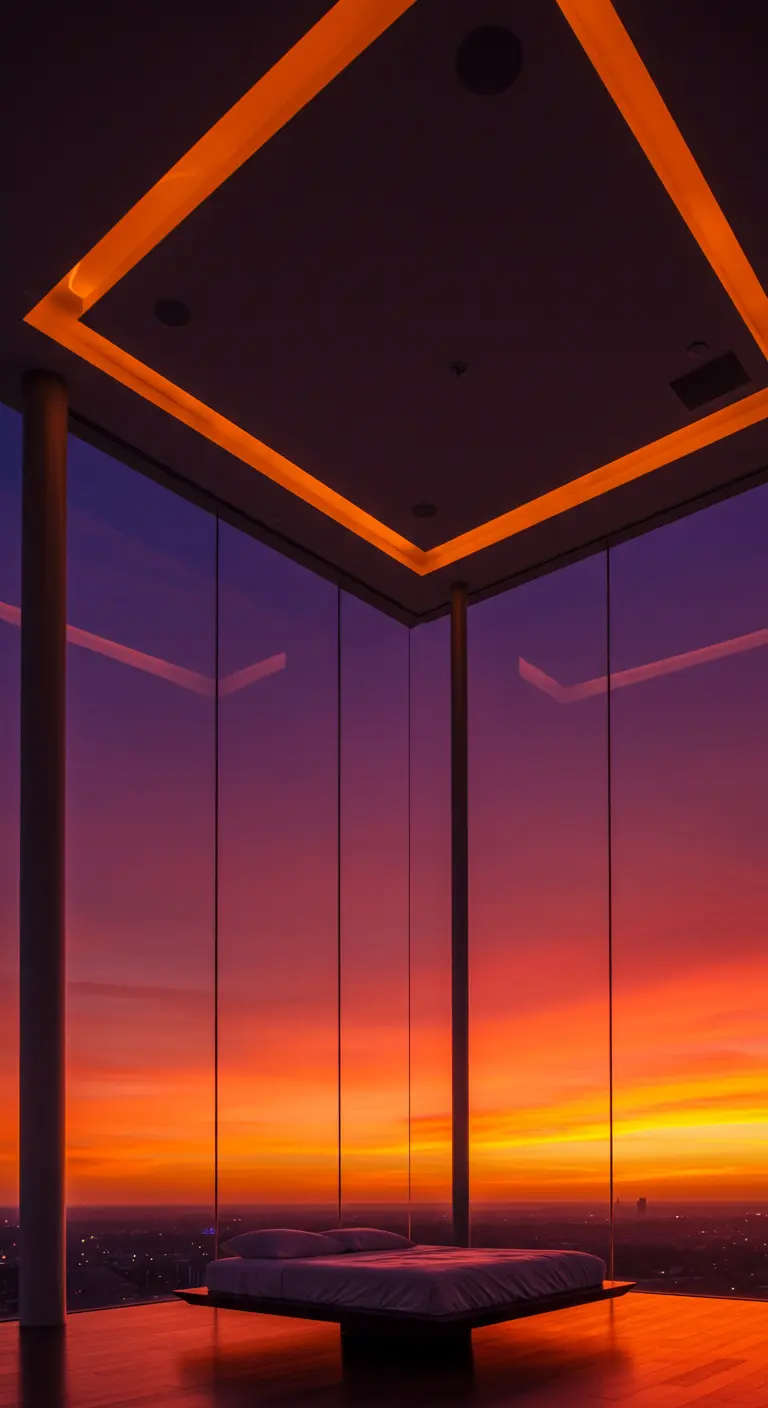 A minimalist bedroom with floor-to-ceiling windows showcasing a vibrant orange and purple sunset.