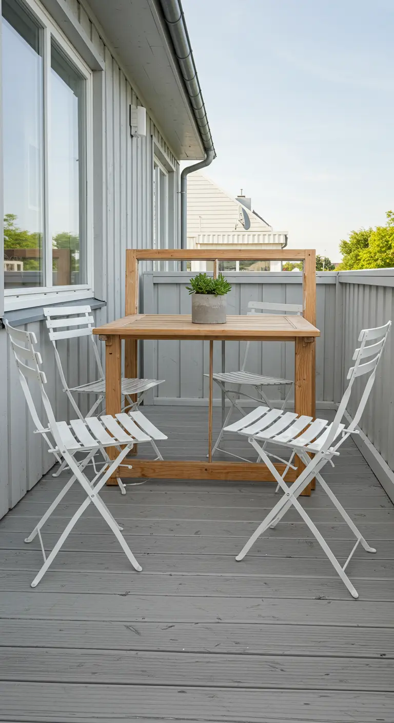 A light wood window frame is integrated into a matching dining table on a gray balcony.