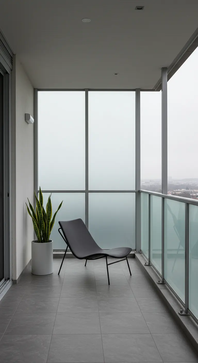 A minimalist balcony with frosted glass panels and a single modern chair.