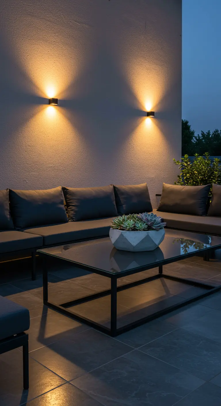 A modern patio at dusk with a sectional sofa and a glass-topped coffee table with succulents.