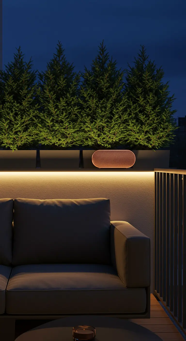 A modern balcony with a sleek sofa and indirect LED lighting under the planters.