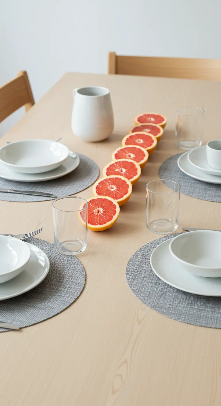 A minimalist table setting with a line of halved pink grapefruits as a centerpiece.