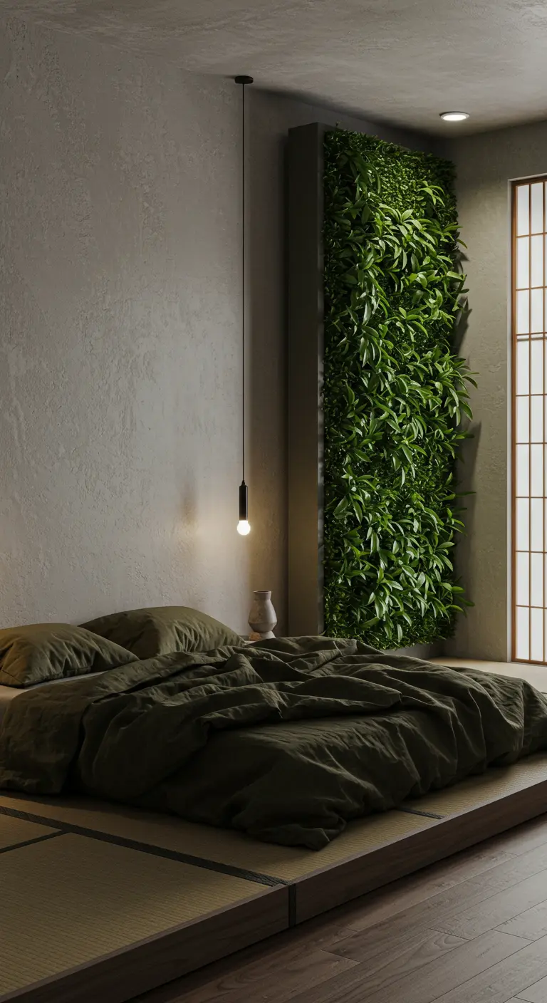A minimalist room with a narrow vertical plant wall next to a floor bed.