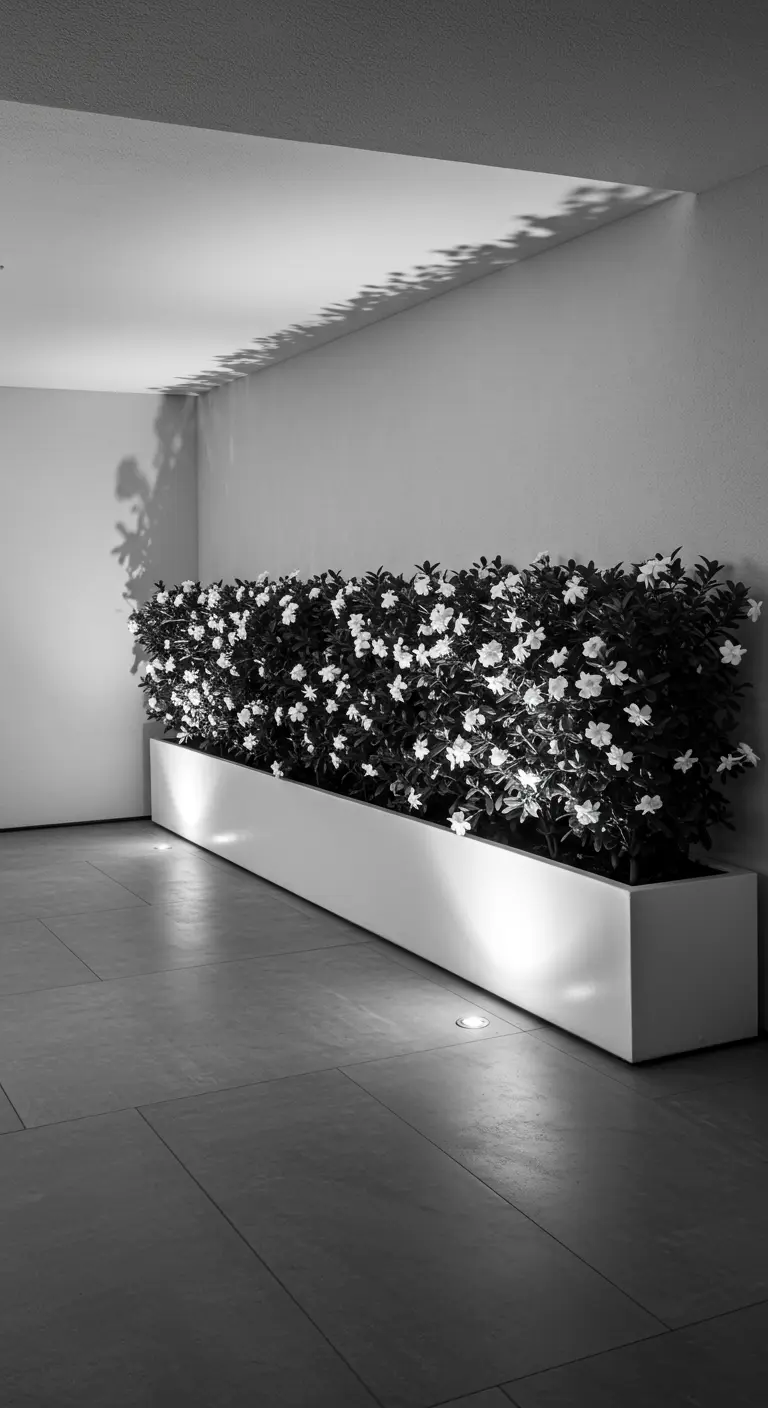 A long, white minimalist planter filled with white flowering shrubs, uplit from the floor.