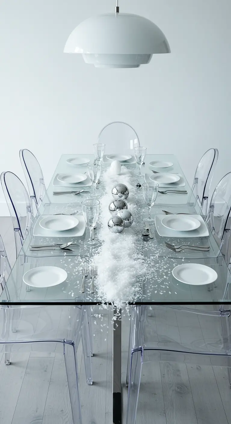 A minimalist glass dining table with a faux snow runner and large silver ornaments.