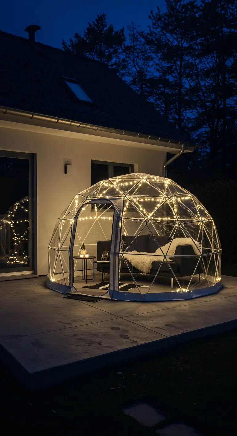 A lighted transparent pod on a modern concrete patio at night next to a house.