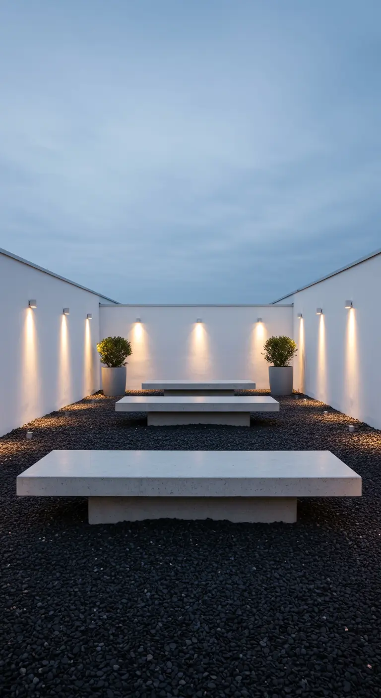 A minimalist courtyard with white walls, black gravel, and simple concrete benches.