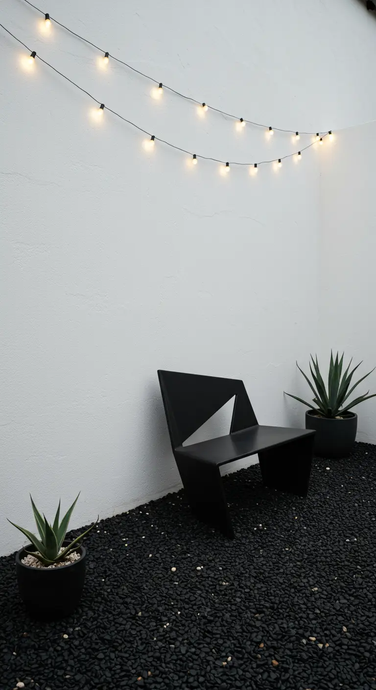 A sculptural black bench and two succulents on a bed of black gravel against a white wall.