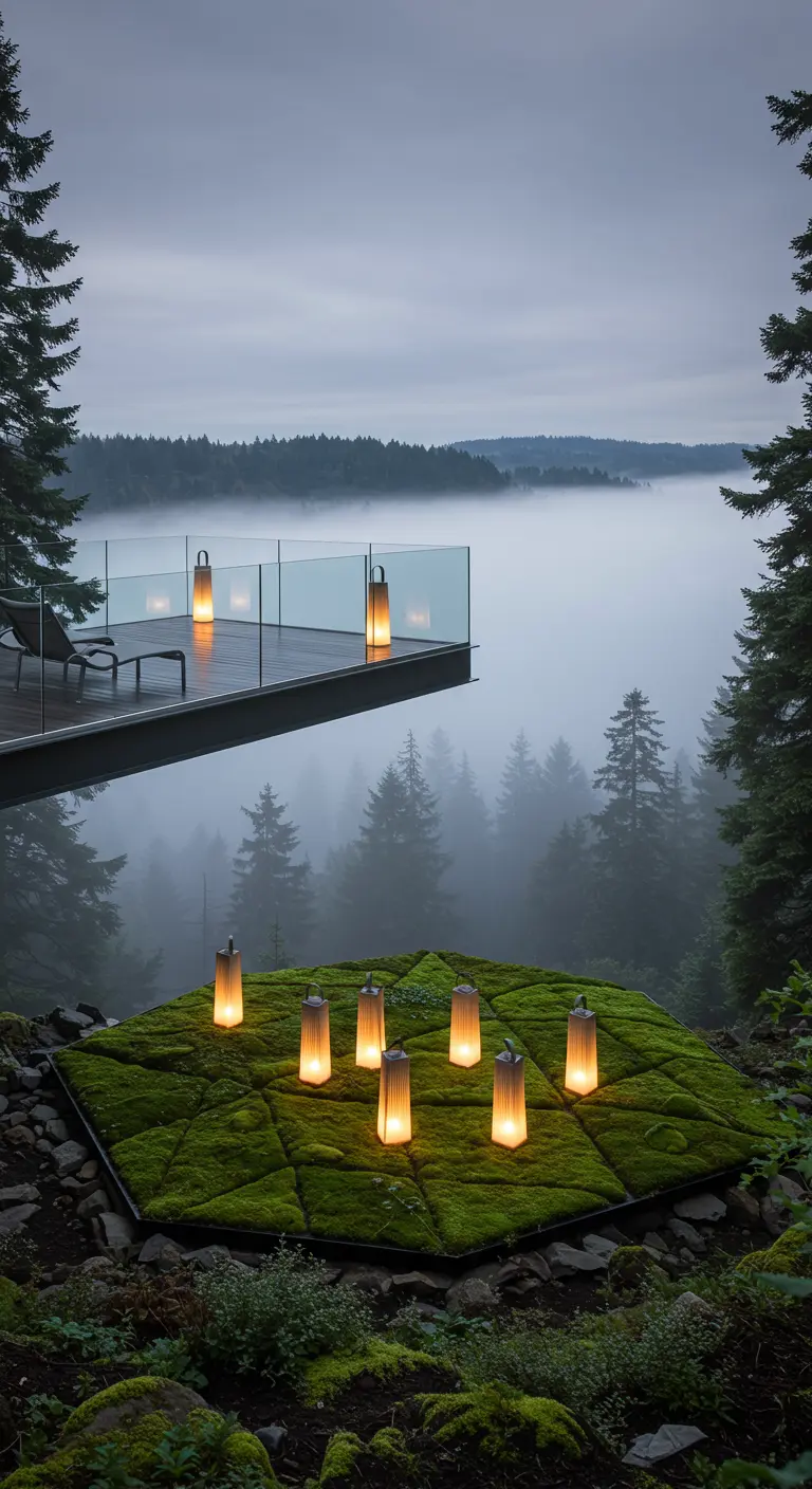 Modern cantilevered deck above a geometric moss patch with simple lanterns.