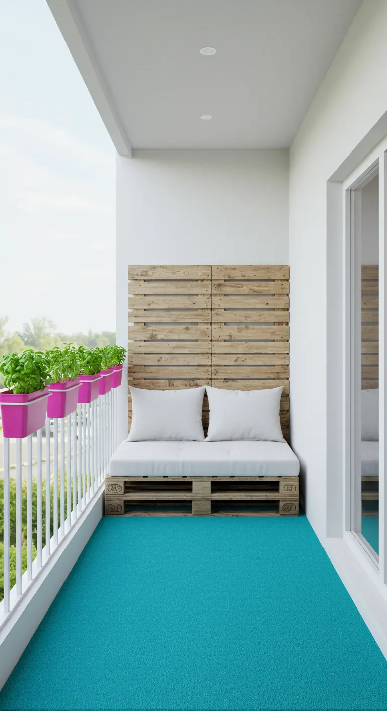 A minimalist white balcony with a bright turquoise floor and small pink railing planters.
