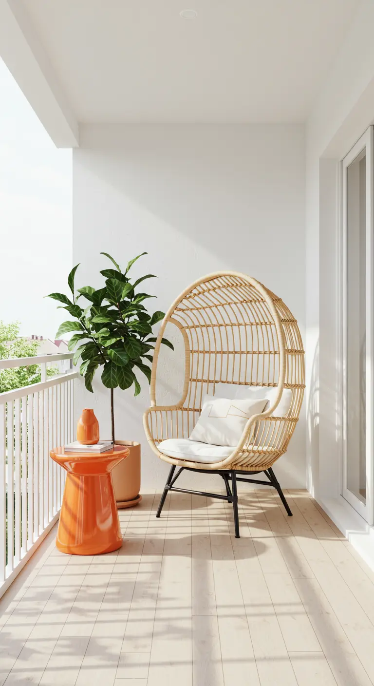 Minimalist white balcony with a rattan egg chair and a bright orange side table.