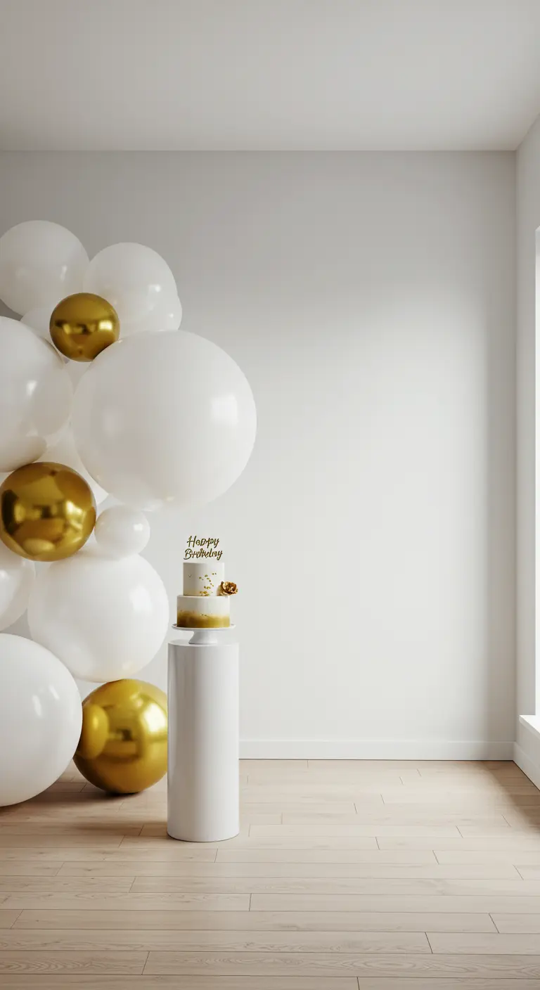 A minimalist cluster of large white and gold balloons next to a cake pedestal.