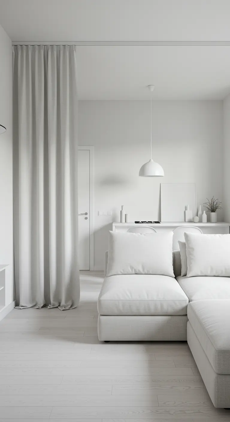 An all-white minimalist room with a white sofa and a white curtain divider.