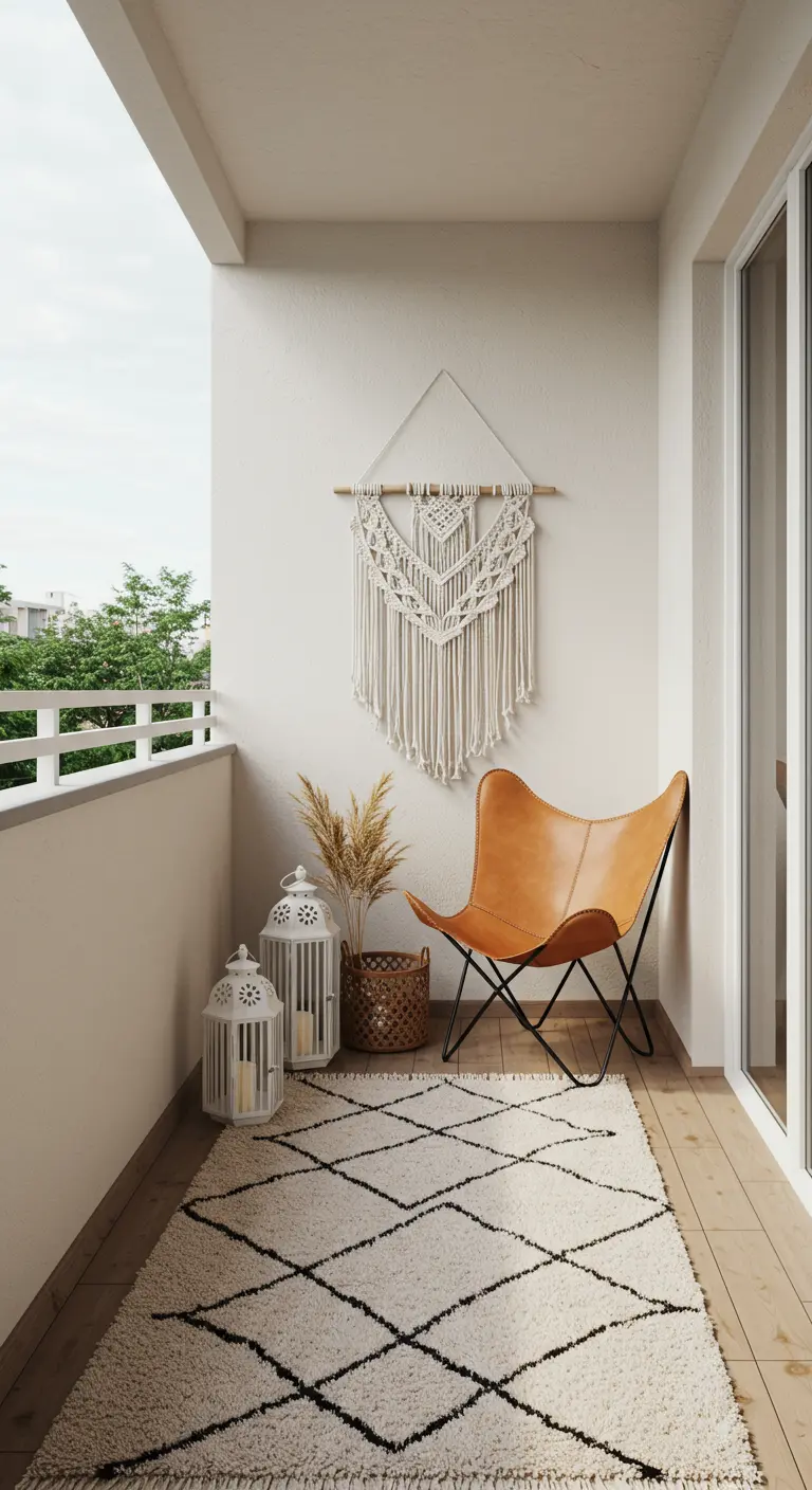 A minimalist balcony with a leather butterfly chair, a macrame wall hanging, and a white rug.