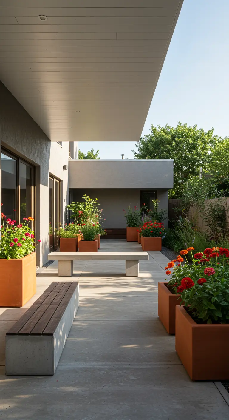 A modern patio with concrete benches and rectangular planters filled with red flowers.