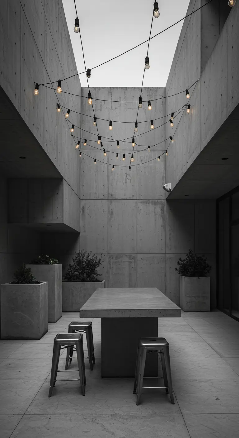 A stark concrete courtyard with a concrete table and steel stools.