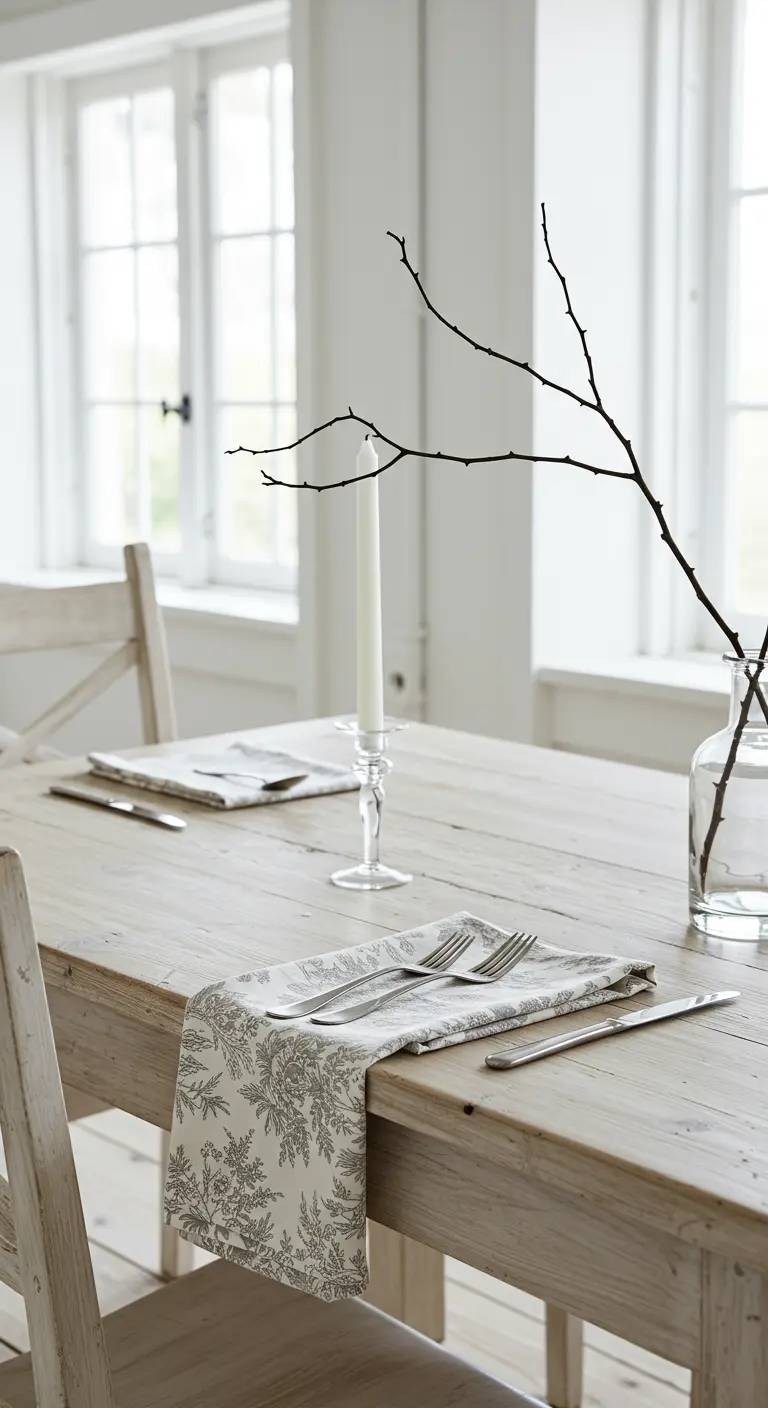 Minimalist table setting with a single branch centerpiece and grey toile napkin.