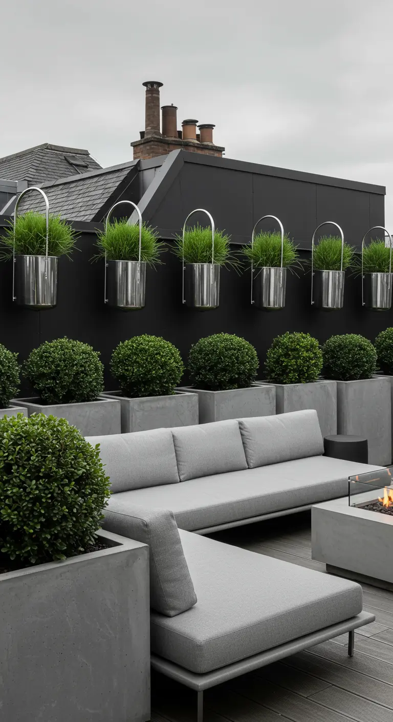 Sleek rooftop with gray sectional, concrete planters, and a grid of hanging metal pots.
