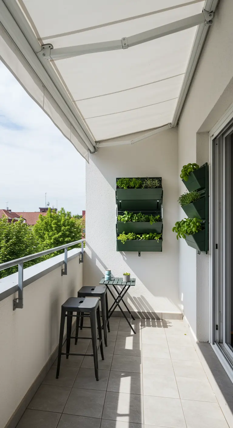 A modern white balcony with dark green wall-mounted planters filled with herbs.