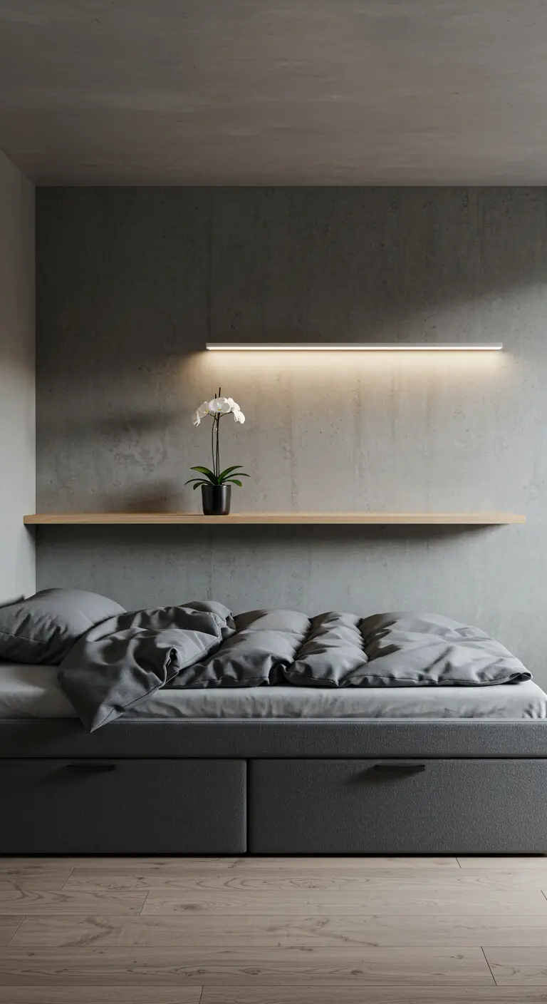 Minimalist concrete bedroom with a long floating shelf and an overhead linear light.