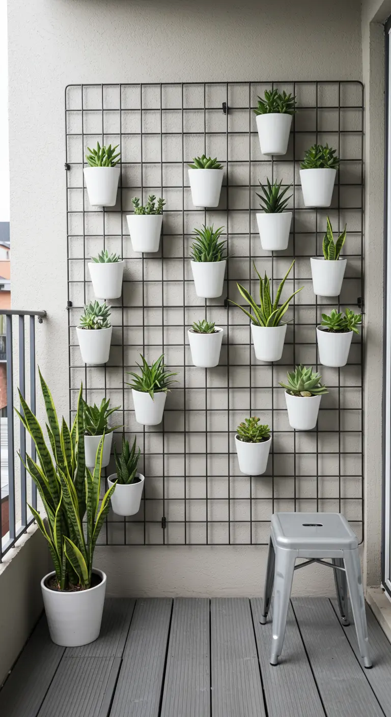 Black wire grid wall with rows of white pots holding succulents on a modern balcony.