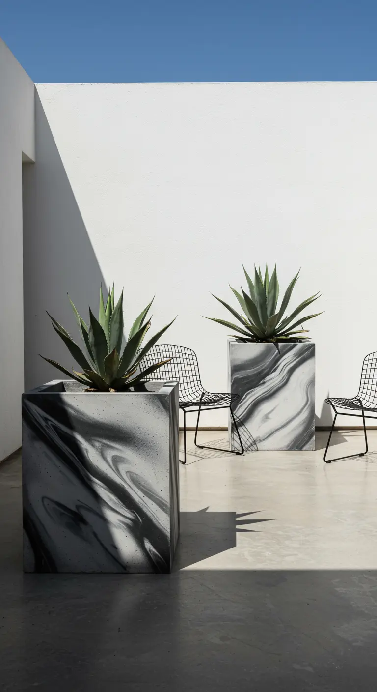 Two large, square cement planters with a black-and-white marble effect holding agave plants.