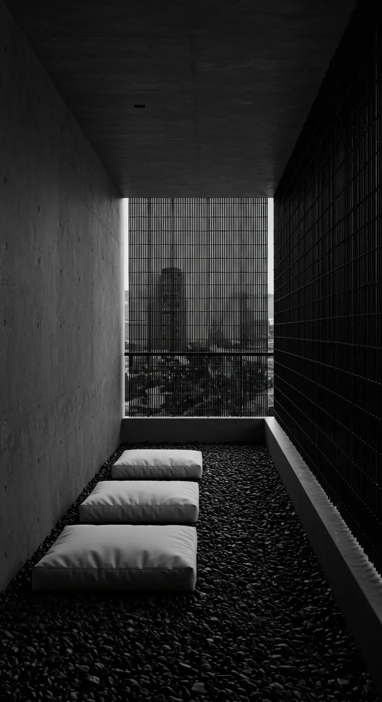Monochrome black and grey balcony with a row of three white floor cushions on pebbles.