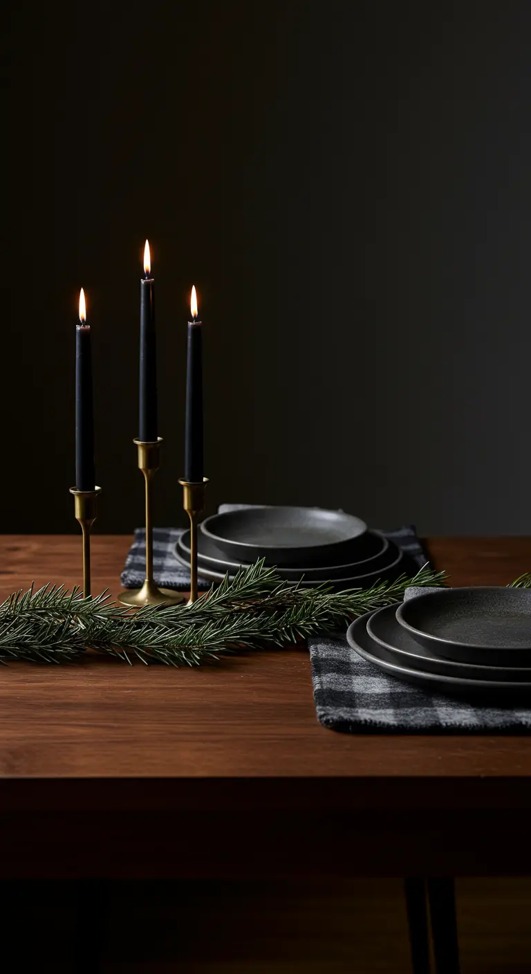 Minimalist dark Christmas table setting with black plates, black candles, and a simple rosemary runner.