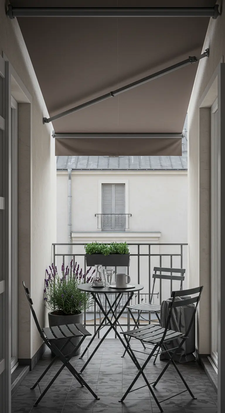 A minimalist balcony with charcoal gray bistro furniture and a solid taupe awning.