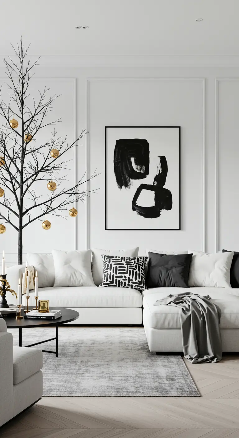 Minimalist living room with a bare branch tree and gold ornaments.